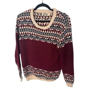 Unisex Size M Eptison Vintage 100% Cotton Fair Isle Knit Sweater Burgundy Cream